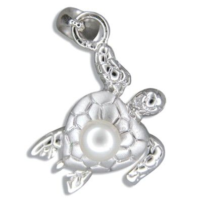 Sterling Silver Sea Turtle with White Freshwater Pearl Pendant (L)