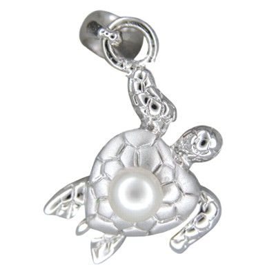 Sterling Silver Sea Turtle with White Freshwater Pearl Pendant (S)