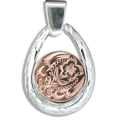 Sterling Silver Two Tone Hawaiian Plumeria and Scroll with Oval Shaped Pendant
