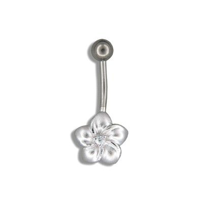 Sterling Silver Hawaiian Plumeria with Clear CZ Belly Button Ring
