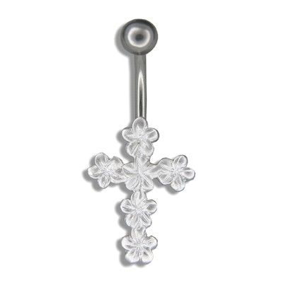 Sterling Silver Hawaiian Plumeria and Cross Shaped Belly Button Ring