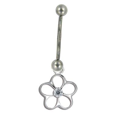 Sterling Silver Cut-In Hawaiian Plumeria with Clear CZ Belly Button Ring