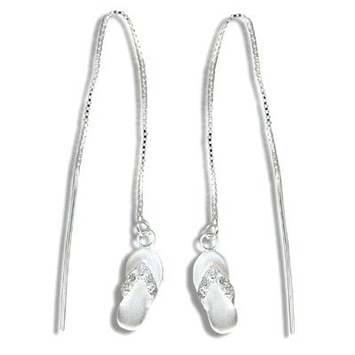Sterling Silver White Sand Hawaiian Slippers with Clear CZ Long Chain Earrings