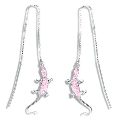 Sterling Silver White Sand Hawaiian Gecko with Pink CZ Long Chain Earrings