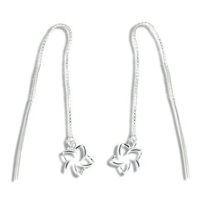 Sterling Silver Cut-Out Hawaiian Plumeria with Long Chain Earrings
