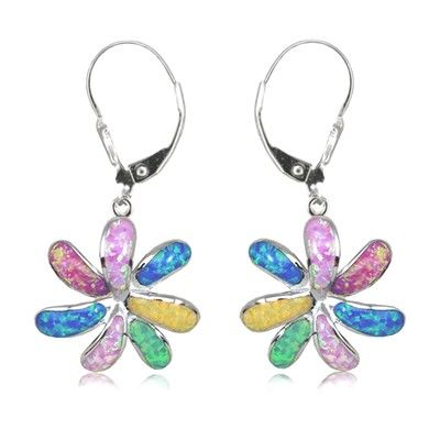 Sterling Silver Hawaiian 15mm Tiare Flower Rainbow Opal Lever Back Earrings