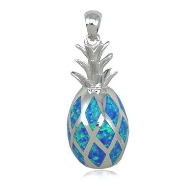 Sterling Silver 3D Hawaiian Pineapple Shaped Blue Opal Pendant (S)