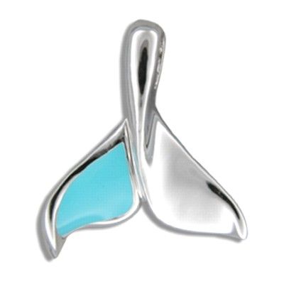 Sterling Silver Hawaiian Whale Tail with half Blue Enamel Design Pendant (L)