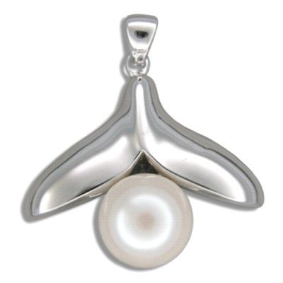 Sterling Silver Hawaiian Whale Tail with White Fresh Water Pearl Design Pendant (L)