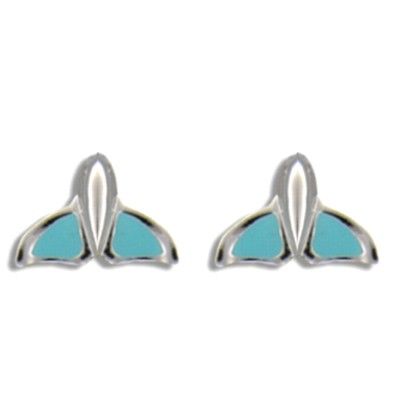 Sterling Silver Jumping Whale Tail with Blue Enamel Design Pierced Earrings