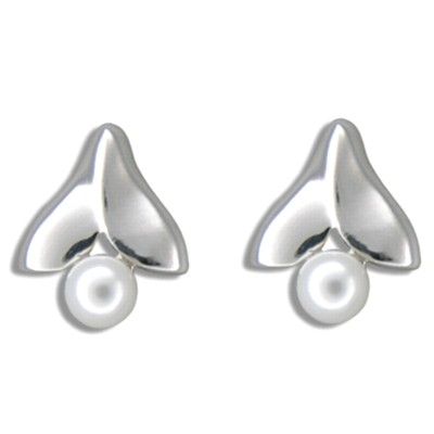 Sterling Silver Jumping Whale Tail with White Fresh Water Pearl Design Pierced Earrings 