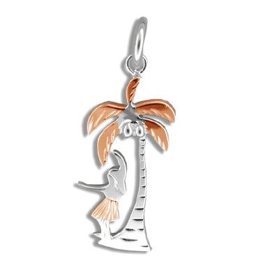 Sterling Silver Rose Gold Coated Kahiko Hula Dancer and Palm Tree Pendant