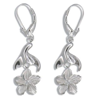 Sterling Silver Hawaiian Plumeria and Whale Tail Design with Lever Back Earrings