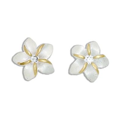 Sterling Silver Two Tone 15MM Hawaiian Plumeria with Clear CZ Design Earrings