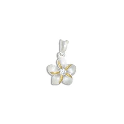 Sterling Silver Two Tone 10MM Hawaiian Plumeria with Clear CZ Design Pendant