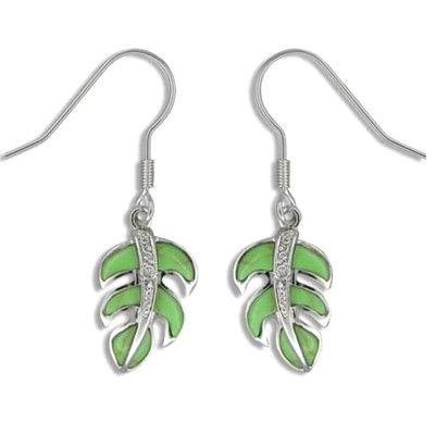 Sterling Silver Hawaiian Green Turquoise Monstera Fish Wire Earrings with CZ