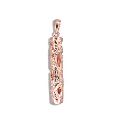 Fine Engraved Sterling Silver Rose Gold Plated Hawaiian Plumeria and Scroll Tube Pendant