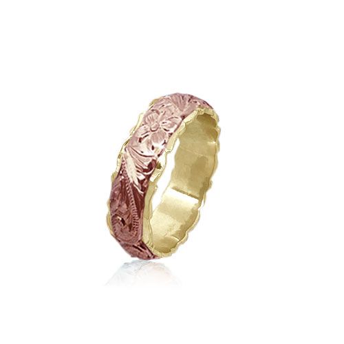 14KT Gold Rose and Yellow Double Two Tone Hawaiian Plumeria Scroll Wedding Ring Band