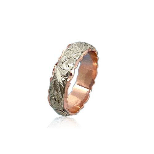 14KT Gold White and Rose Double Two Tone Hawaiian Plumeria Scroll Wedding Ring Band