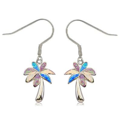 Sterling Silver Hawaiian Rainbow Opal Palm Tree Earrings with Fish Wires
