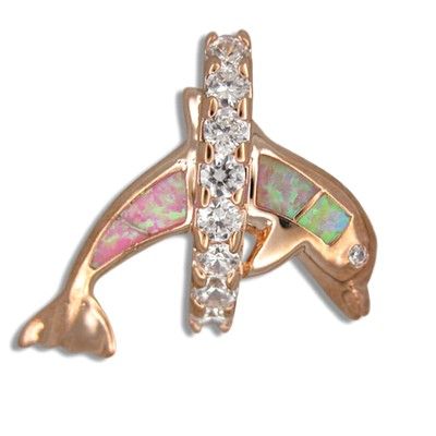 Sterling Silver Jumping Pink Opal Dolphin and Hawaiian CZ Leis Pendant