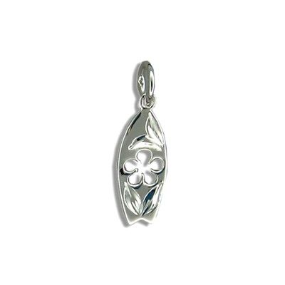 Fine Engraved Sterling Silver Cut-In Hawaiian Plumeria with Surfboard Shaped Pendant