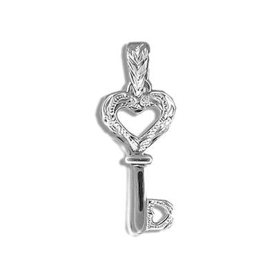 Fine Engraved Sterling Silver Cut-Out Hawaiian Heart with Key Shaped Pendant