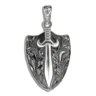 Fine Engraved Sterling Silver Men's Hawaiian Sword with Black Shield Pendant