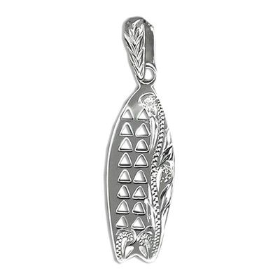 Fine Engraved Sterling Silver Men's Cut-In Hawaiian Tattoo with Surfboard Shaped Pendant