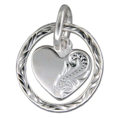 Sterling Silver Hawaiian Hand Carved Open Pendant with dangling Baby Heart Charm