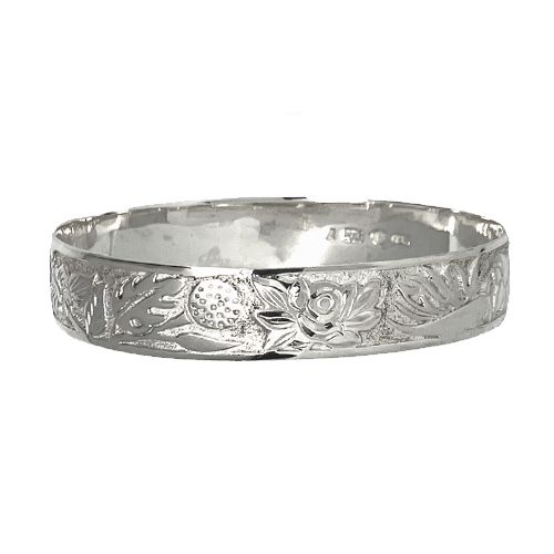 Sterling Silver 12mm Four Seasons Hawaiian Floral Designs with Plain Edge Bangle. 