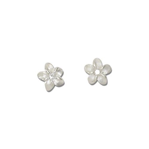 Sterling Silver 8MM White Sand Plumeria with Clear CZ Earrings