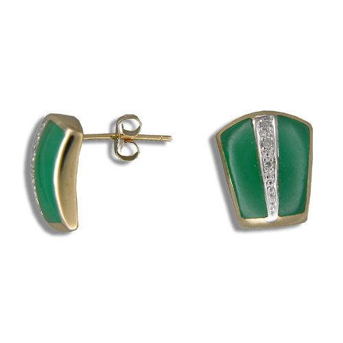 14KT Yellow Gold Bar with Diamond and Green Jade Earrings