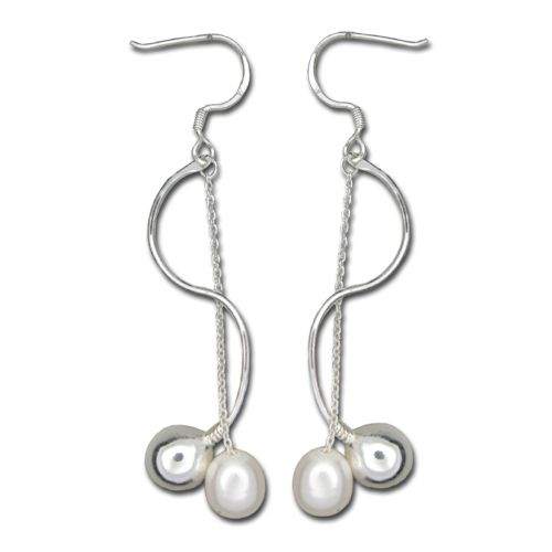 Sterling Silver Wave Design with Long Chain White Fresh Water Pearl Drop Fish Wire Earrings 