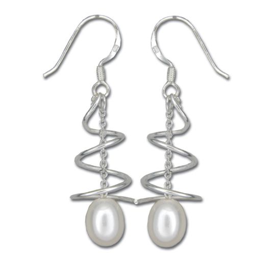 Sterling Silver Swirl and Dangling White Fresh Water Pearl Fish Wire Earrings 