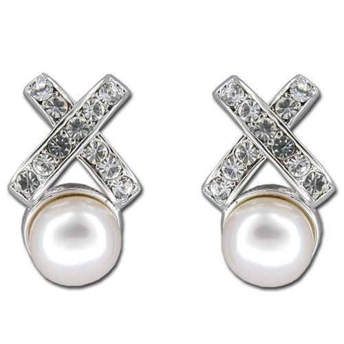 Sterling Silver Cross with Clear CZ and White Fresh Water Pearl Post Earrings