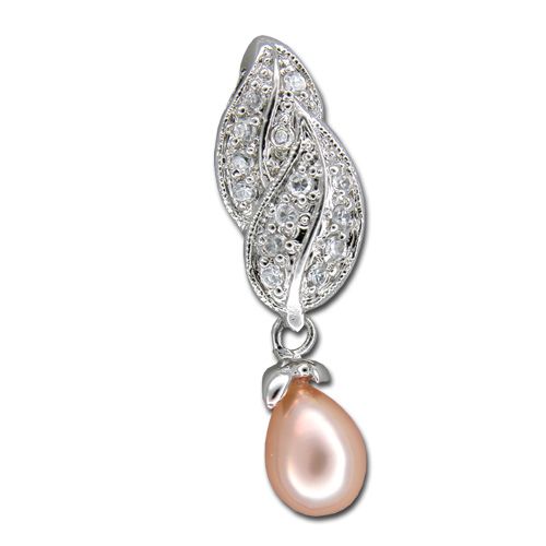 Sterling Silver Double Leaf with CZ and Dangling Fresh Water Pearl Pendant