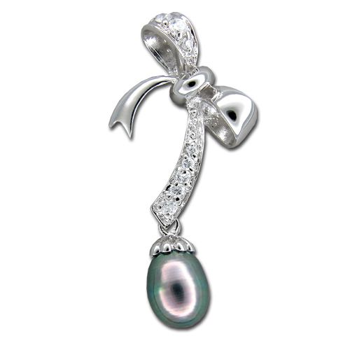 Sterling Silver Bow Tie with CZ and Dangling Fresh Water Pearl Pendant