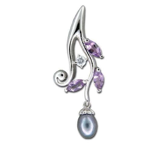 Sterling Silver Falling Leaves Shaped Clear and Amethyst Purple CZ with Dangling Fresh Water Pearl Pendant