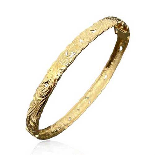 14KT Gold Hawaiian 6mm Cut-Out Plumeria Scrolled Bangle with Box Clasp and Hinge