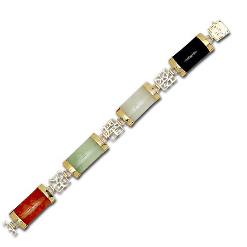 14KT Yellow Gold Chinese Characters with Mixed-Color Jade Bracelet