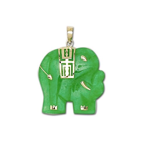 14KT Yellow Gold Elephant Shaped with Green Jade Pendant 