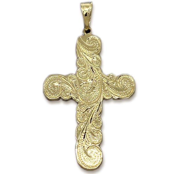 14KT Yellow Gold X Large Hand Scrolled Cross Pendant