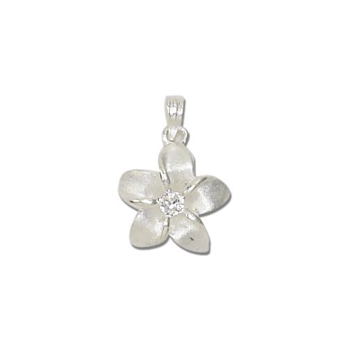 Sterling Silver White Sand 15MM Hawaiian Plumeria with Clear CZ  Pendant