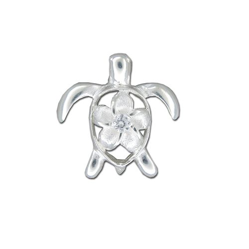 Sterling Silver Honu Pendant with Clear CZ Sanded Plumeria 