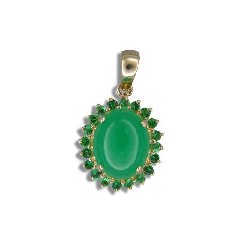 14KT Yellow Gold Oval Shaped Green Jade with Created Green Emerald Pendant