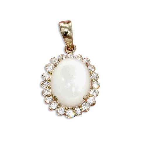 14KT Yellow Gold Oval Shaped Mother of Pearl with Created White Sapphire Pendant