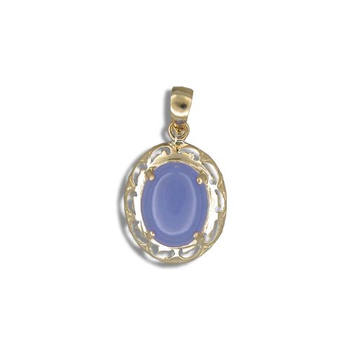 14KT Yellow Gold Oval Shaped Purple Jade with Cut In Waves Design Pendant (S)