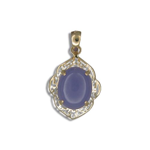 14KT Gold Cut-Out Wavy Greek Design with Oval Shaped Purple Jade Pendant