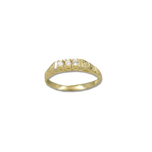 14kt Yellow Gold Hawaiian Hand Carved with Three CZ Ring